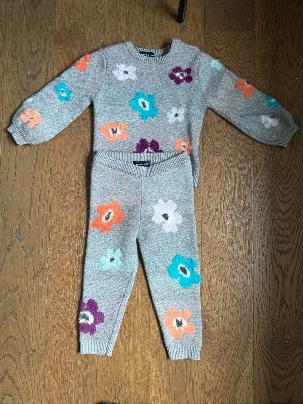 Andy and Evan 18-24 Cozy Gray Knit Set with Colorful Floral Appliqués